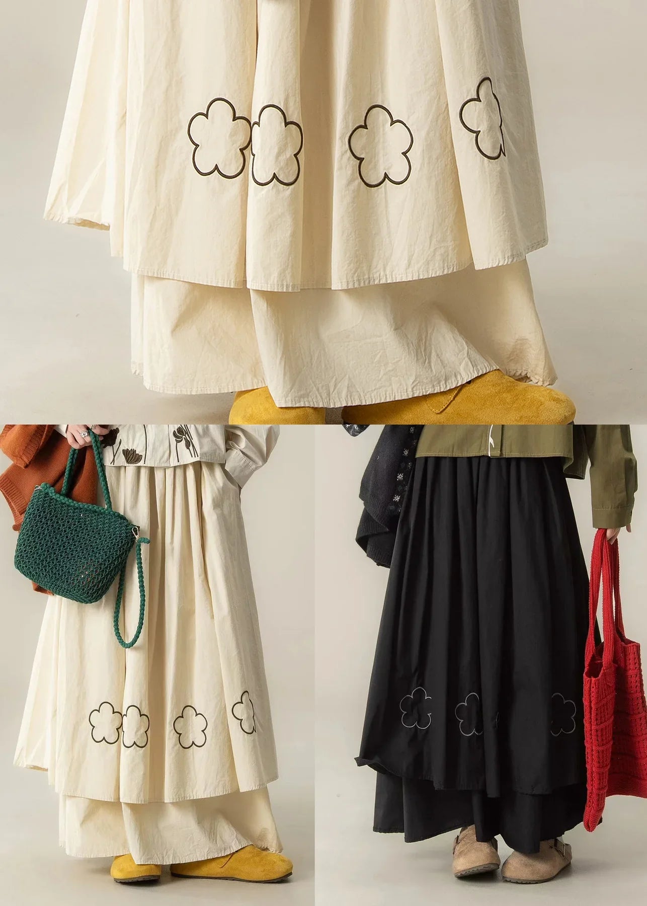 Beige Embroidered Cotton Skirt – Extra Large Hem Spring Maxi