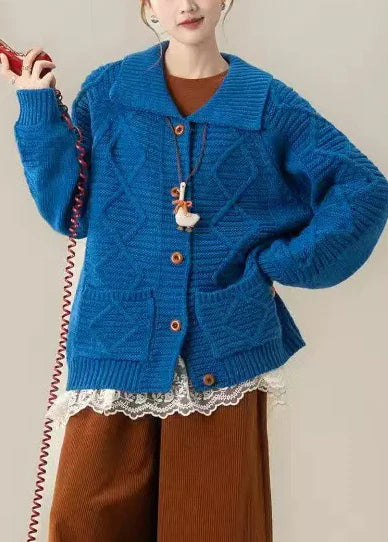 Blue Cable Knit Coat – Loose Winter Cardigan with Peter Pan Collar & Pockets