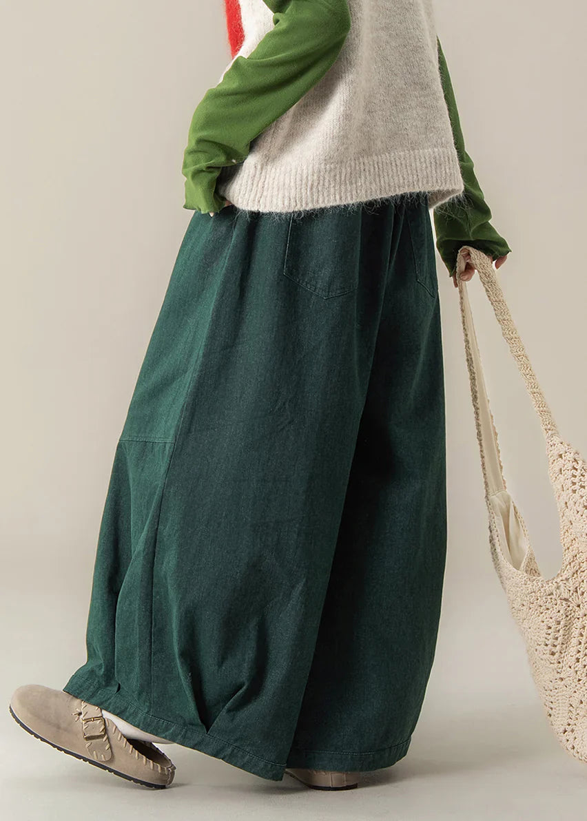 Peacock Green Denim Wide Leg Pants – Oversized Casual Spring Trousers