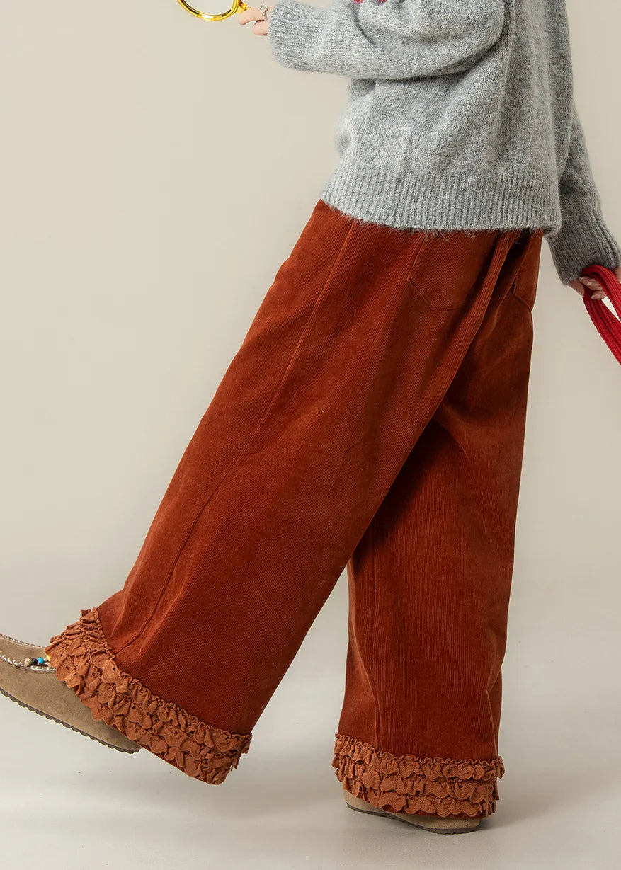 Ruffled Corduroy Straight Pants – Oversized Brick Red Spring Trousers