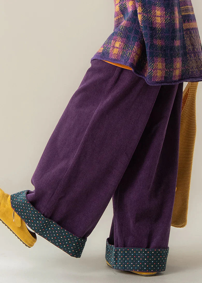 Purple Wide Leg Pants – Elastic Waist Fall Trousers with Dot Cuff Detail