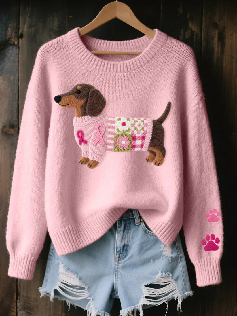 Knitted Sweater – Pink Puppy Graphic Cozy Crewneck Knit