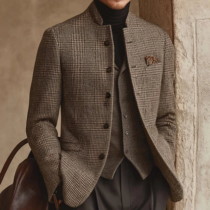 Men’s Tweed Plaid Jacket – Retro Stand Collar Button-Up Blazer Style