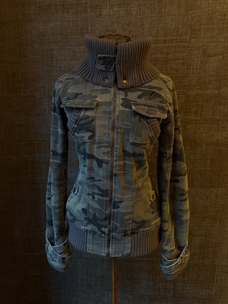 Ribbed Collar Cargo Jacket – 2000s Zip-Up Utility Outerwear with Pockets