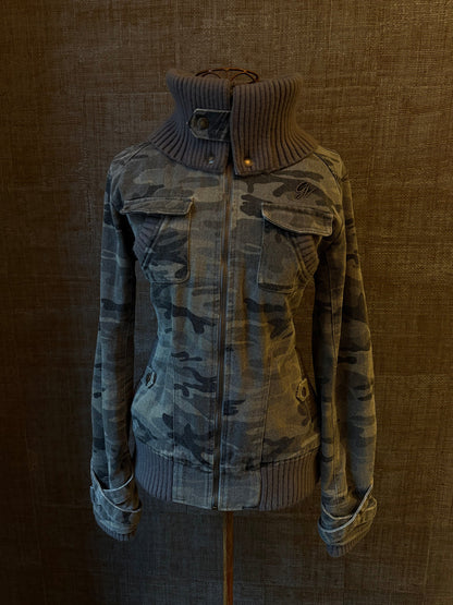 Ribbed Collar Cargo Jacket – 2000s Zip-Up Utility Outerwear with Pockets
