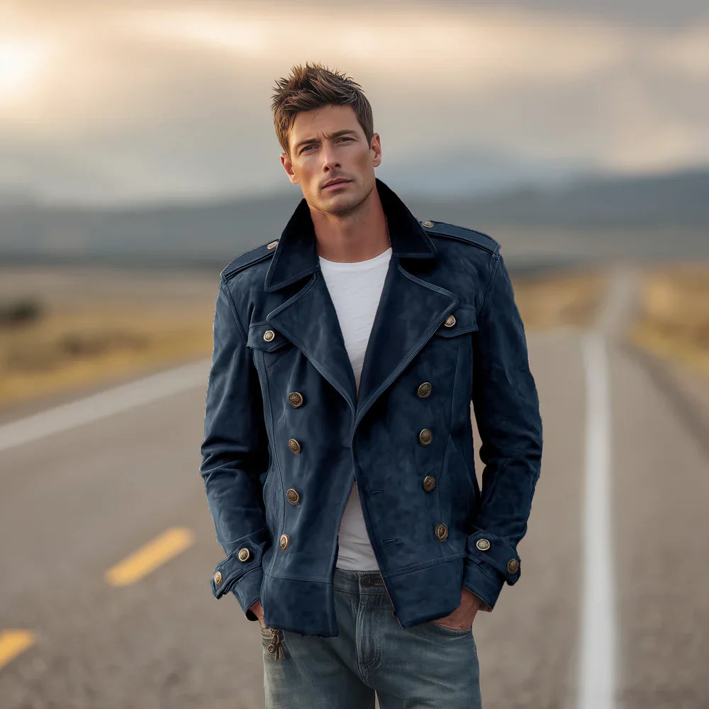 Retro Suede Double-Breasted Jacket – Men’s Lapel Western-Style Outerwear