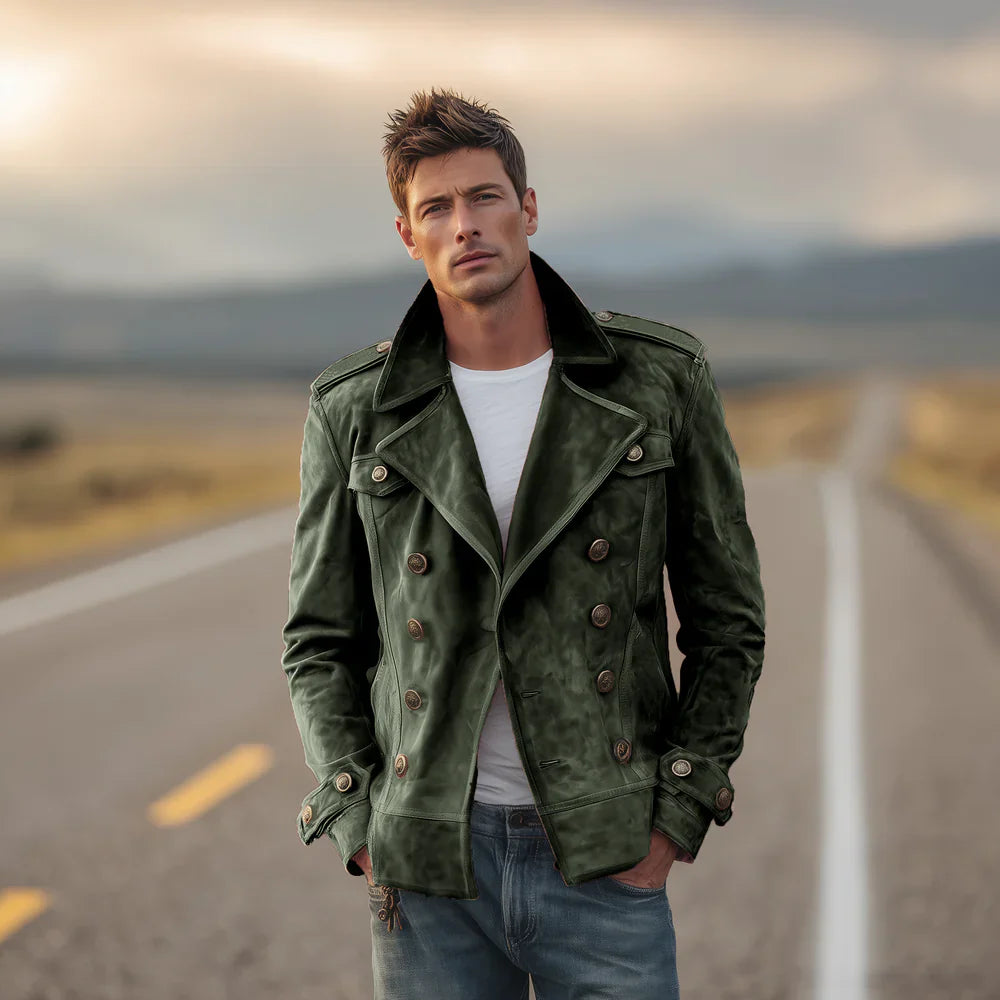 Retro Suede Double-Breasted Jacket – Men’s Lapel Western-Style Outerwear