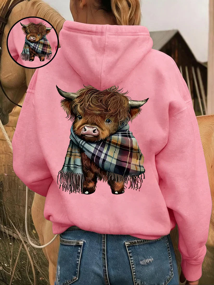 Cute Highland Cow Hoodie – Cozy Fleece-Lined Animal Graphic Sweatshirt