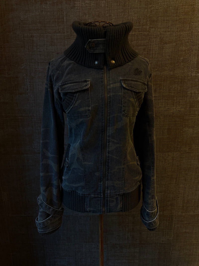 Ribbed Collar Cargo Jacket – 2000s Zip-Up Utility Outerwear with Pockets