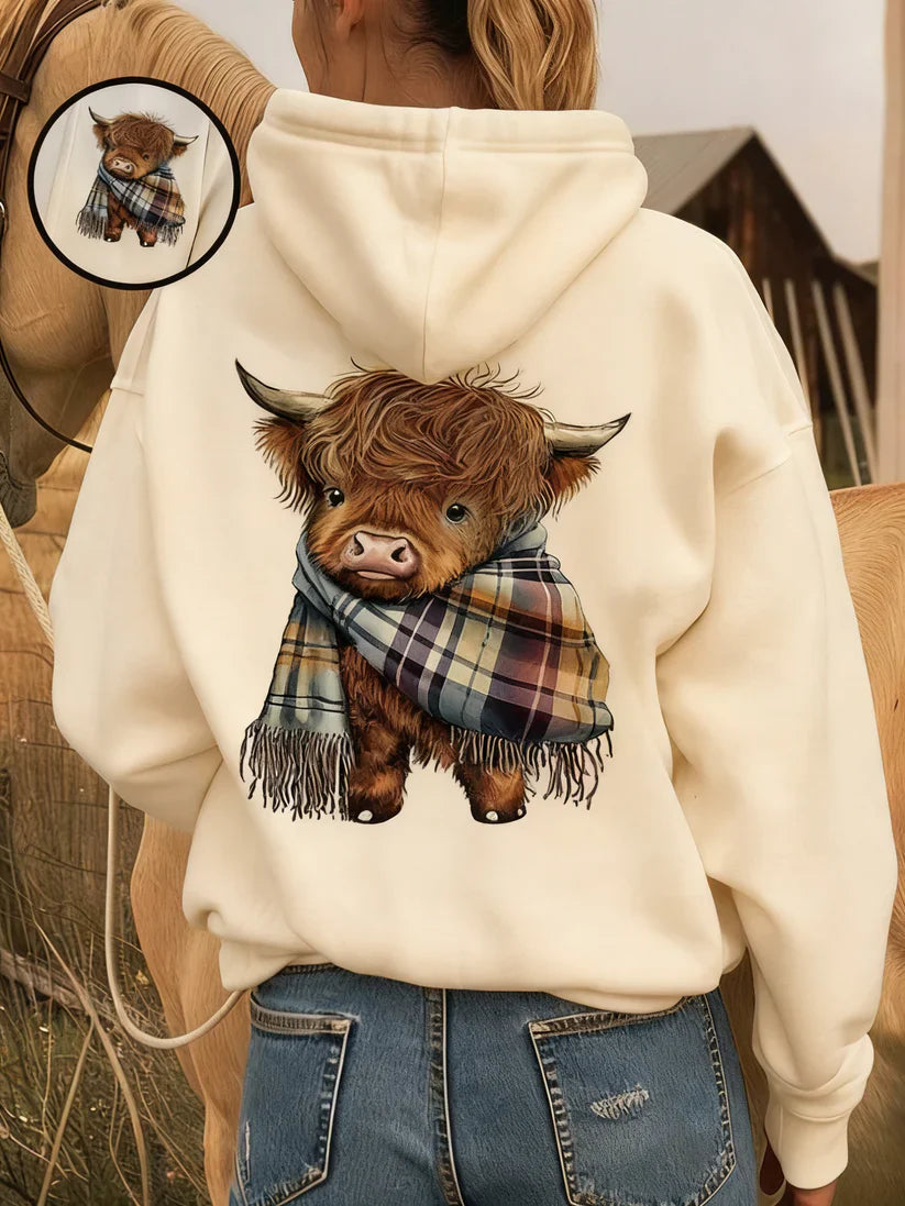 Cute Highland Cow Hoodie – Cozy Fleece-Lined Animal Graphic Sweatshirt