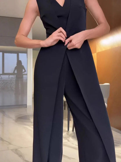 Fashion Jumpsuit – Sleeveless V-Neck Wide-Leg Slit Romper Style