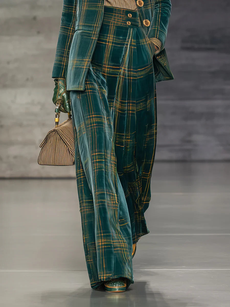 Green Plaid Velvet Blazer Set – High Waist Wide Leg Pants Outfit for Women