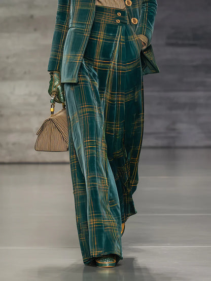 Green Plaid Velvet Blazer Set – High Waist Wide Leg Pants Outfit for Women
