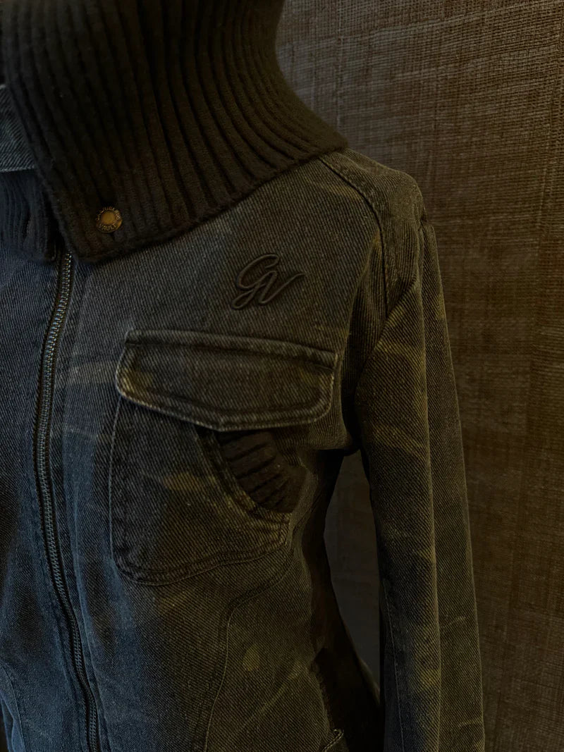 Ribbed Collar Cargo Jacket – 2000s Zip-Up Utility Outerwear with Pockets