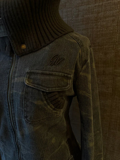 Ribbed Collar Cargo Jacket – 2000s Zip-Up Utility Outerwear with Pockets