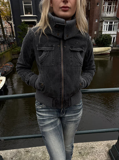 Ribbed Collar Cargo Jacket – 2000s Zip-Up Utility Outerwear with Pockets