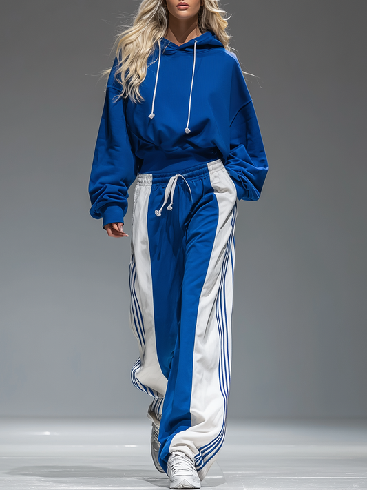 Sporty Hoodie Set – Retro Striped Wide-Leg Pants Matching Tracksuit