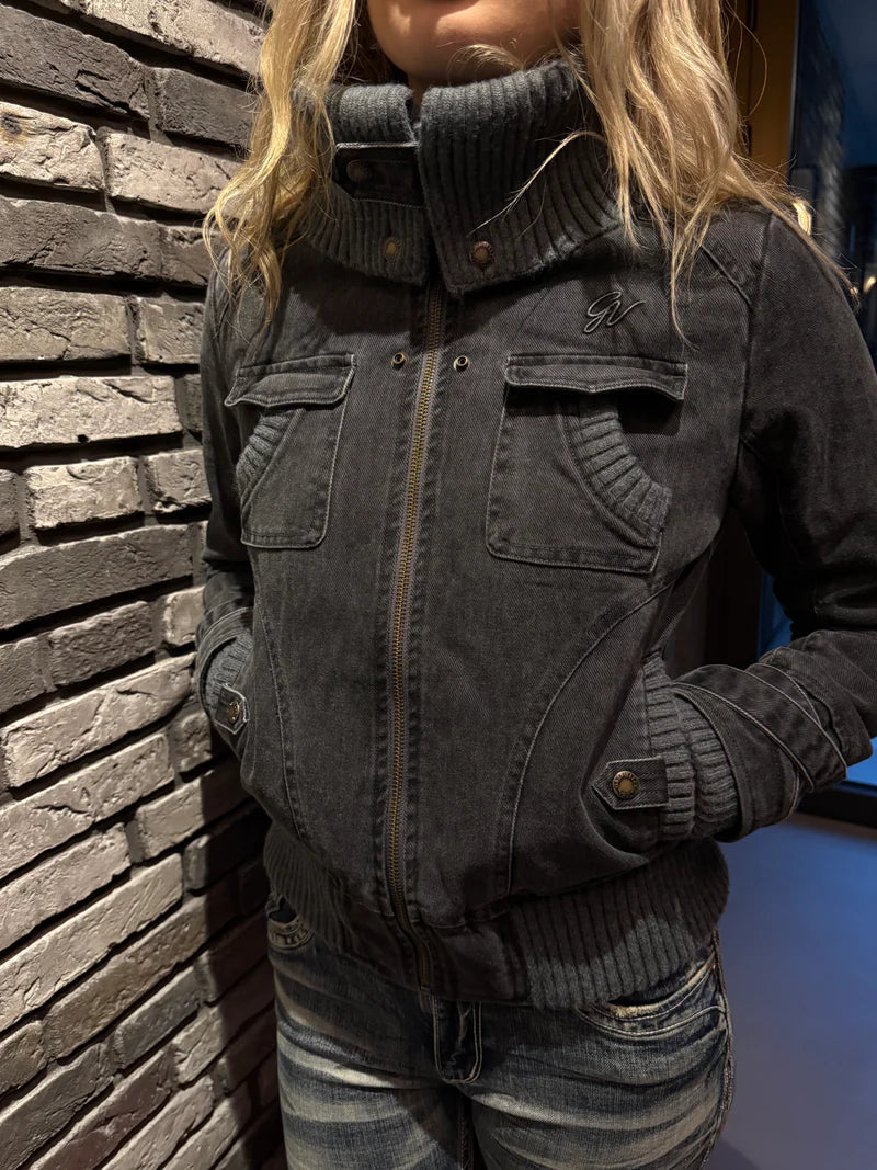 Ribbed Collar Cargo Jacket – 2000s Zip-Up Utility Outerwear with Pockets