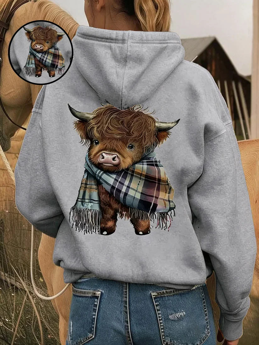 Cute Highland Cow Hoodie – Cozy Fleece-Lined Animal Graphic Sweatshirt