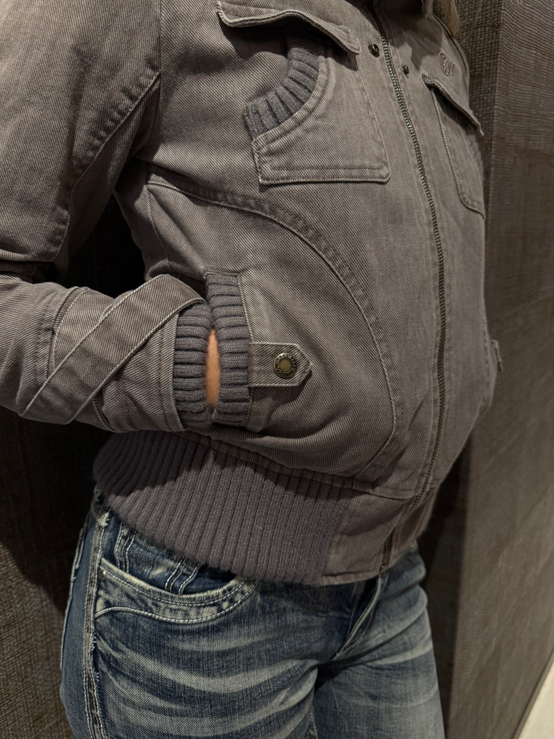 Ribbed Collar Cargo Jacket – 2000s Zip-Up Utility Outerwear with Pockets