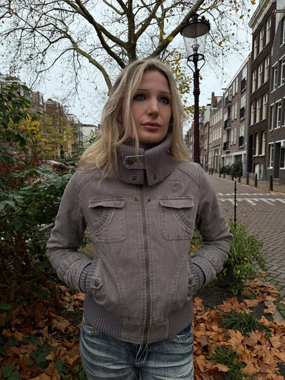Ribbed Collar Cargo Jacket – 2000s Zip-Up Utility Outerwear with Pockets