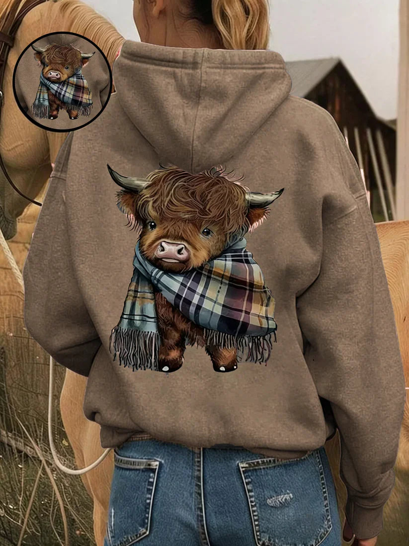 Cute Highland Cow Hoodie – Cozy Fleece-Lined Animal Graphic Sweatshirt