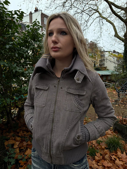 Ribbed Collar Cargo Jacket – 2000s Zip-Up Utility Outerwear with Pockets