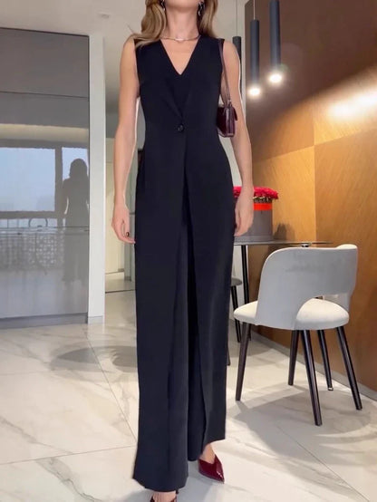 Fashion Jumpsuit – Sleeveless V-Neck Wide-Leg Slit Romper Style