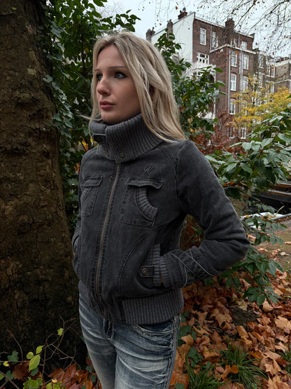 Ribbed Collar Cargo Jacket – 2000s Zip-Up Utility Outerwear with Pockets