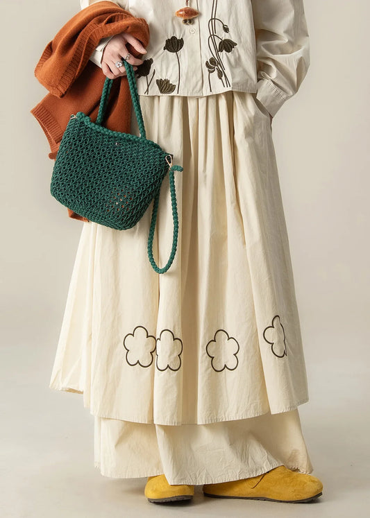 Beige Embroidered Cotton Skirt – Extra Large Hem Spring Maxi
