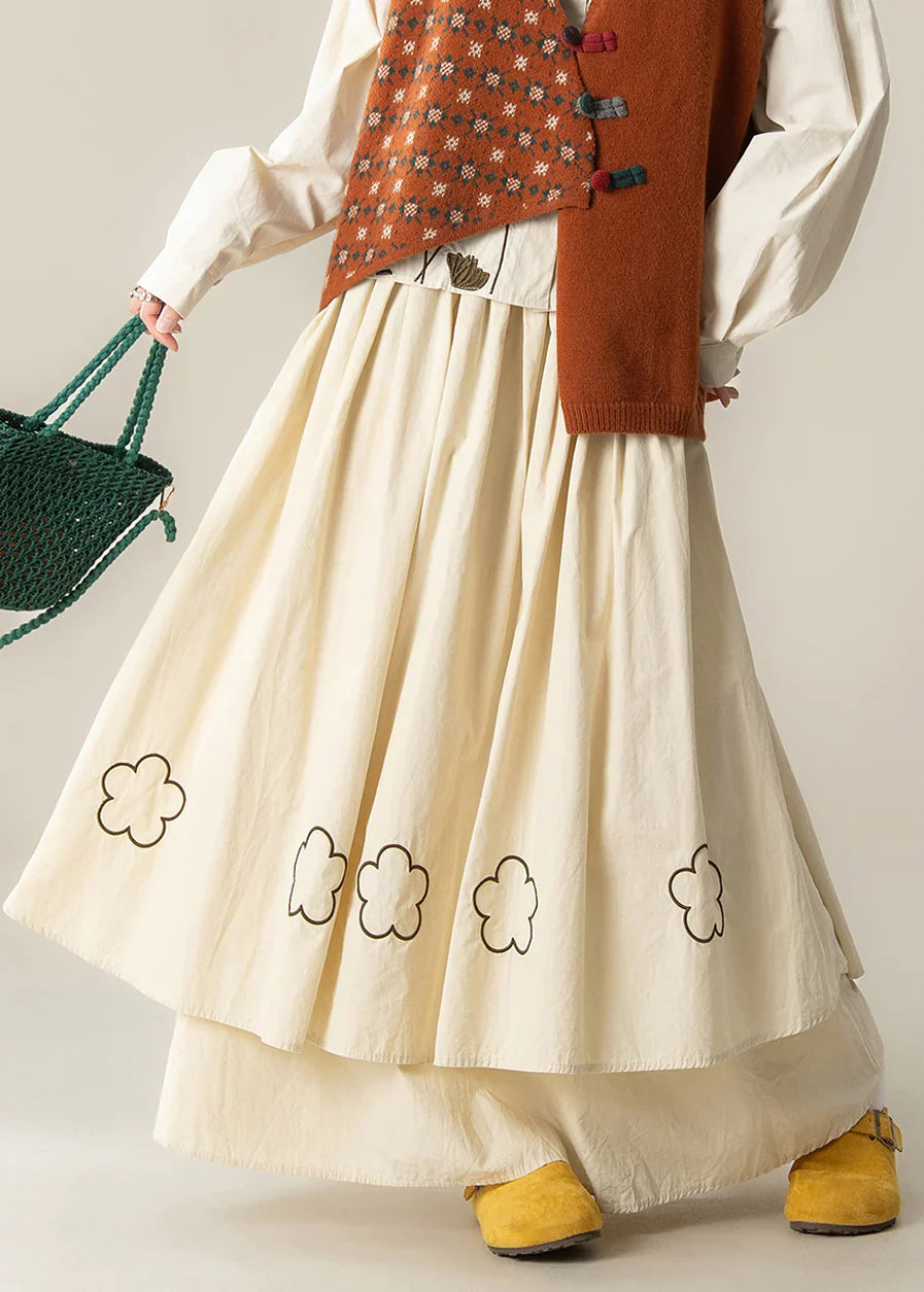 Beige Embroidered Cotton Skirt – Extra Large Hem Spring Maxi