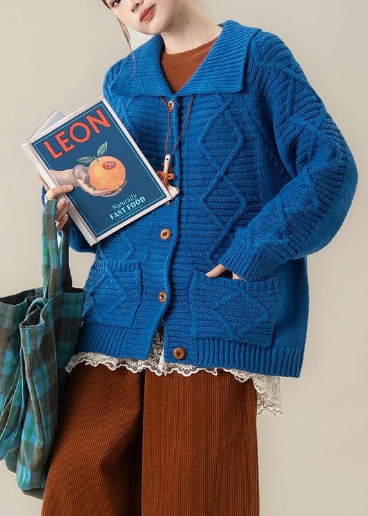 Blue Cable Knit Coat – Loose Winter Cardigan with Peter Pan Collar & Pockets