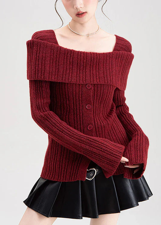 Square Collar Knit Cardigan – Ribbed Side Open Winter Button-Up Sweater