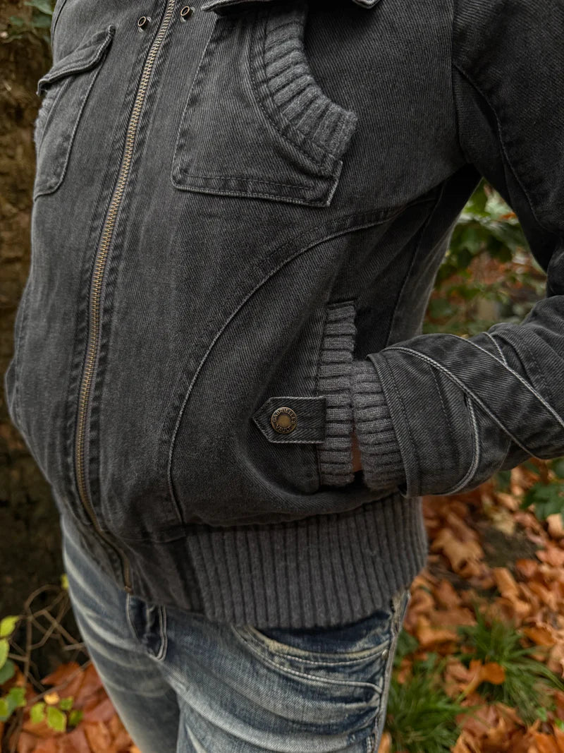 Ribbed Collar Cargo Jacket – 2000s Zip-Up Utility Outerwear with Pockets