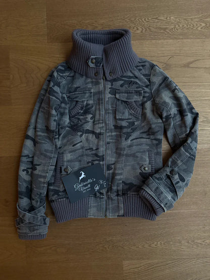 Ribbed Collar Cargo Jacket – 2000s Zip-Up Utility Outerwear with Pockets