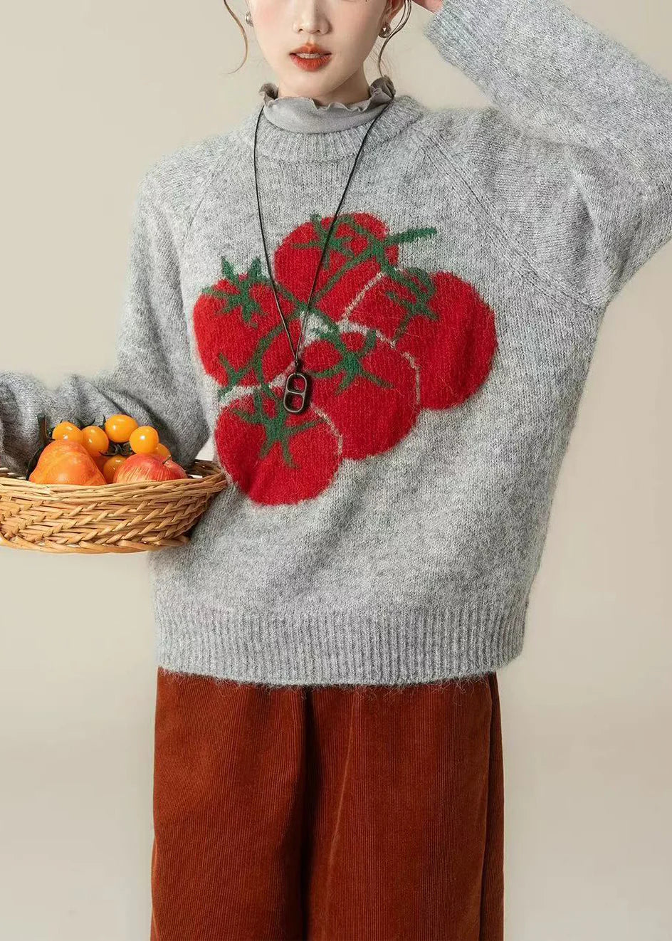 Grey Oversized Knitted Top – Chunky Winter Sweater with Tomato Print Style