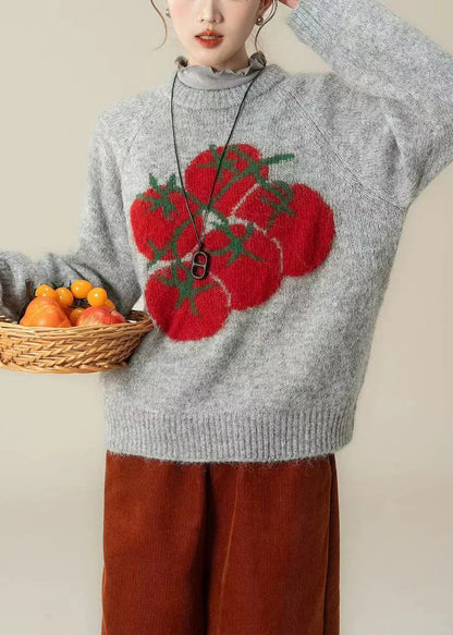 Grey Oversized Knitted Top – Chunky Winter Sweater with Tomato Print Style