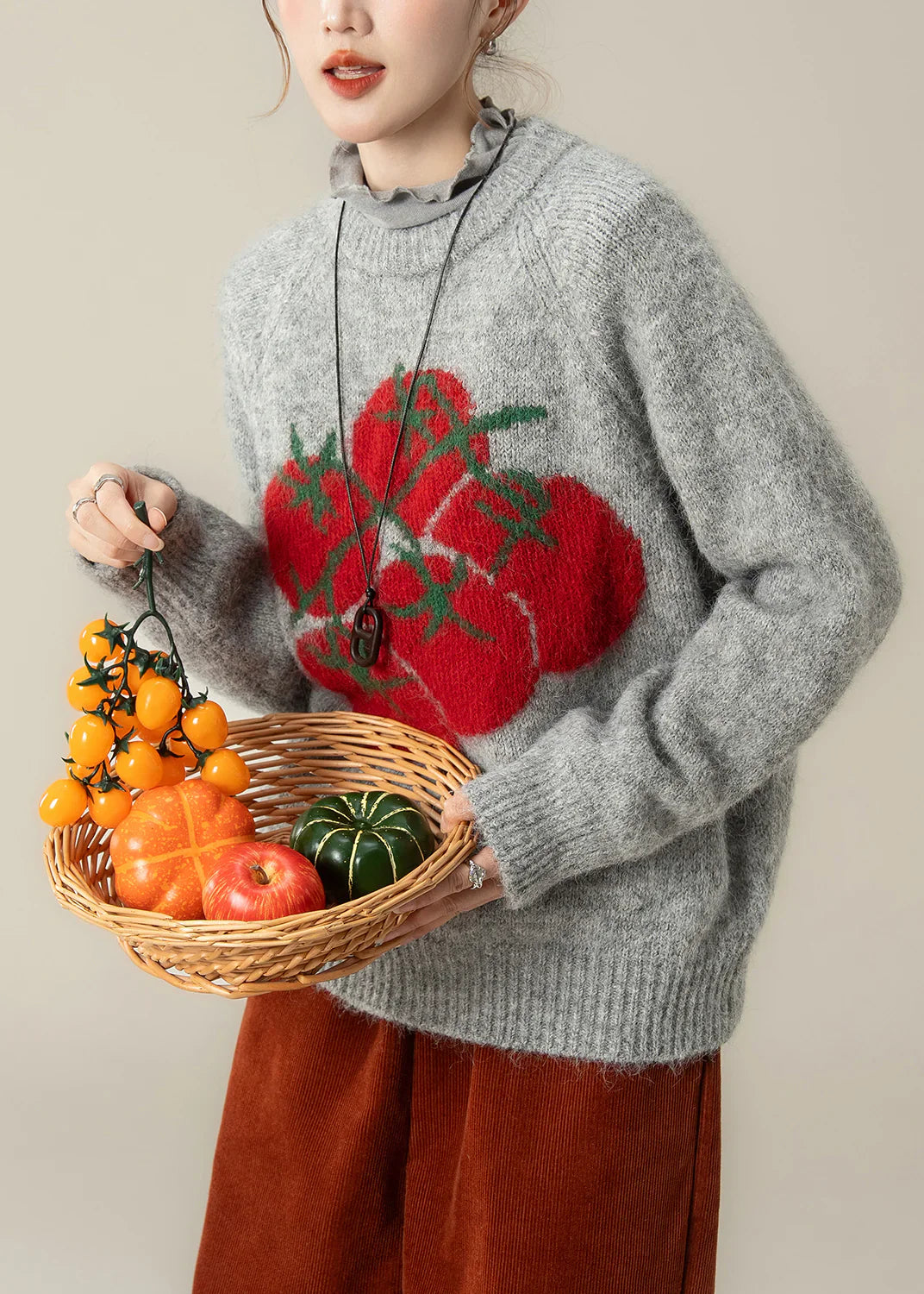 Grey Oversized Knitted Top – Chunky Winter Sweater with Tomato Print Style
