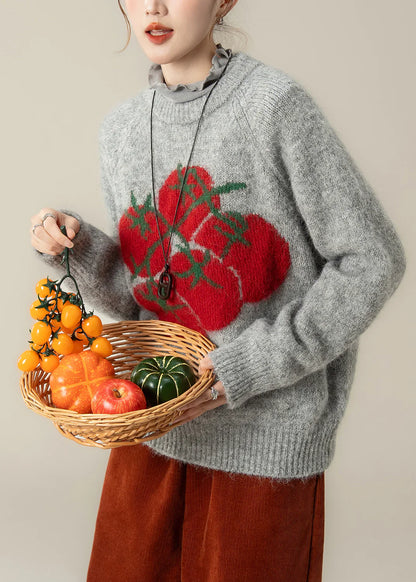 Grey Oversized Knitted Top – Chunky Winter Sweater with Tomato Print Style