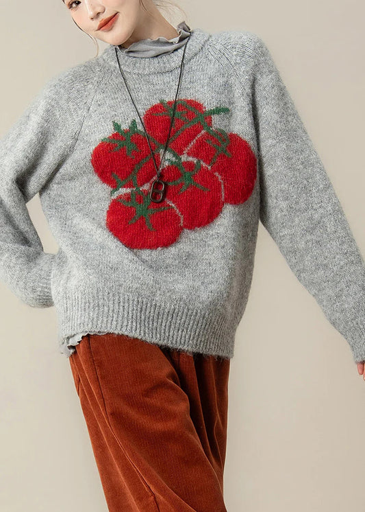 Grey Oversized Knitted Top – Chunky Winter Sweater with Tomato Print Style