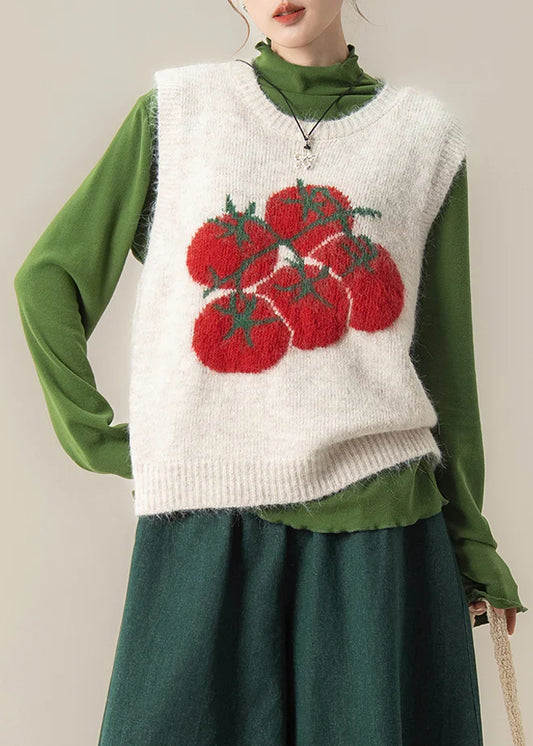 White Oversized Knit Vest Top –Cozy Winter Layer with Tomato Print Style