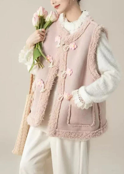 Oversized Teddy Vest Jacket – Pink Patchwork Flower Toggle Winter Layer