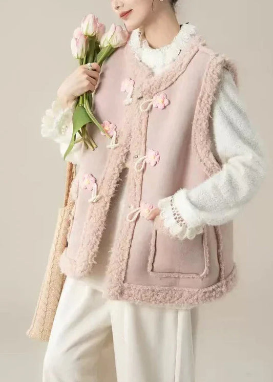 Oversized Teddy Vest Jacket – Pink Patchwork Flower Toggle Winter Layer