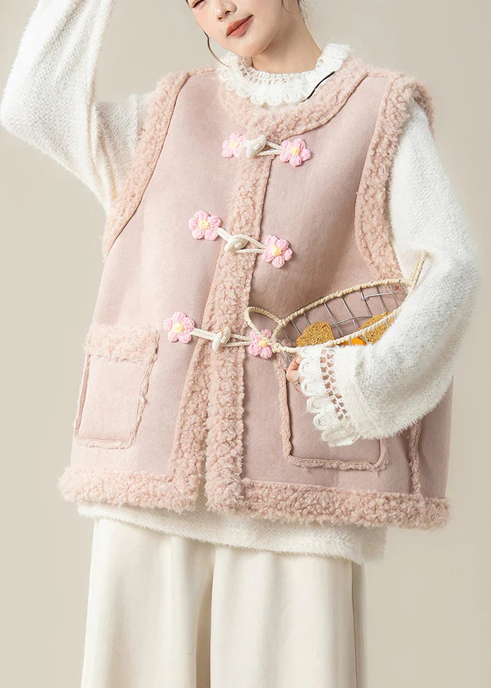 Oversized Teddy Vest Jacket – Pink Patchwork Flower Toggle Winter Layer