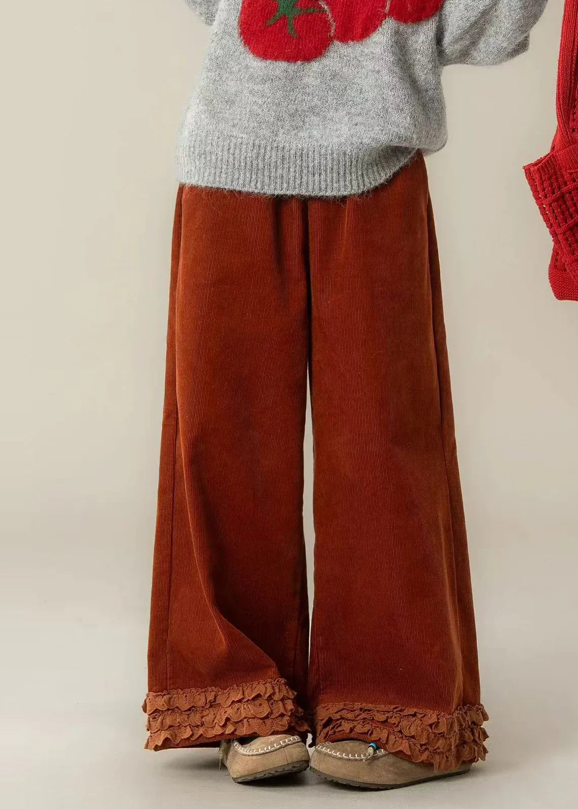 Ruffled Corduroy Straight Pants – Oversized Brick Red Spring Trousers