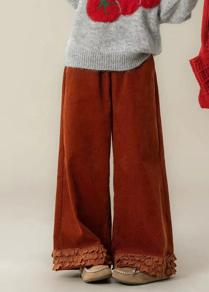 Ruffled Corduroy Straight Pants – Oversized Brick Red Spring Trousers