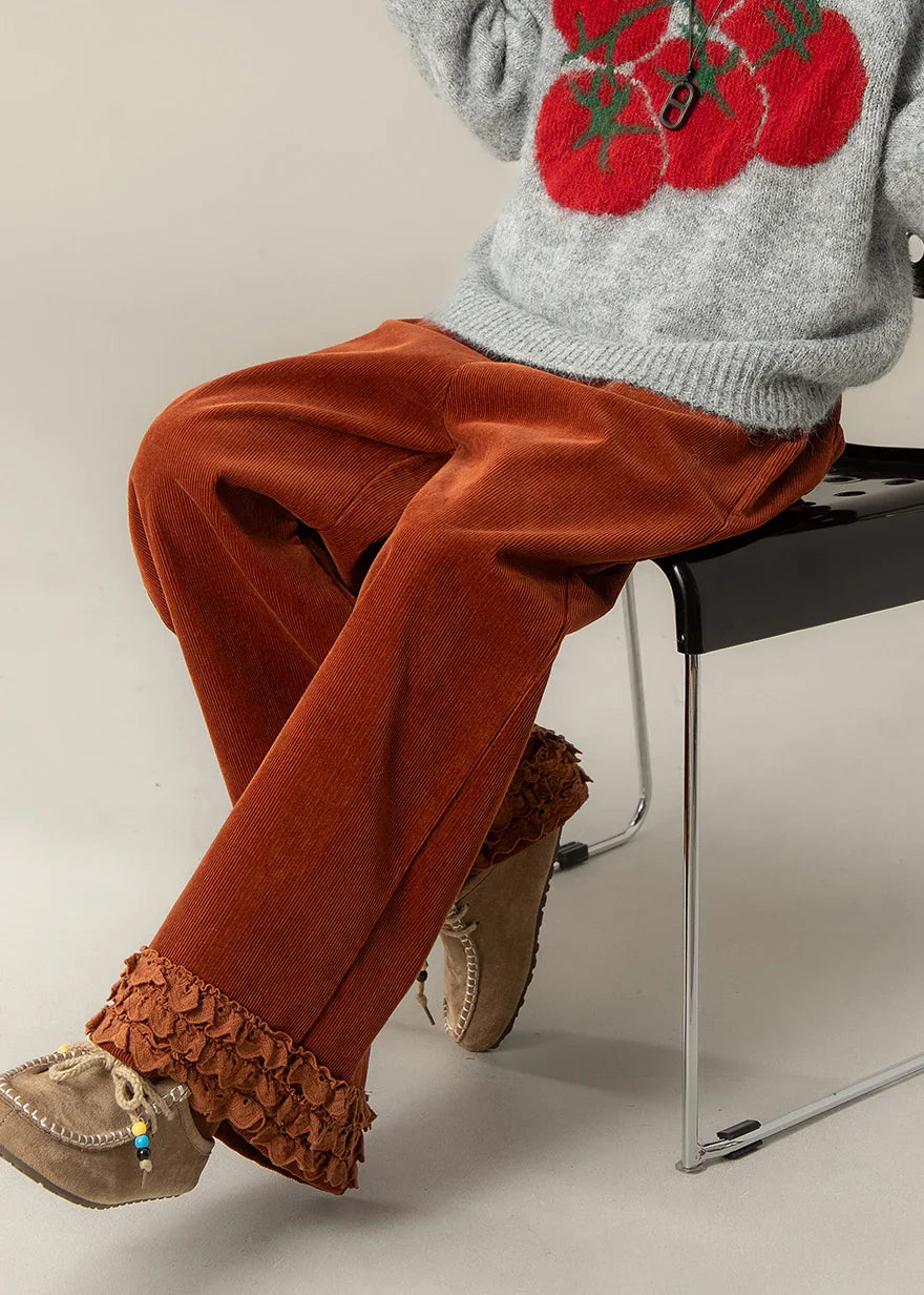 Ruffled Corduroy Straight Pants – Oversized Brick Red Spring Trousers