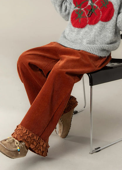 Ruffled Corduroy Straight Pants – Oversized Brick Red Spring Trousers