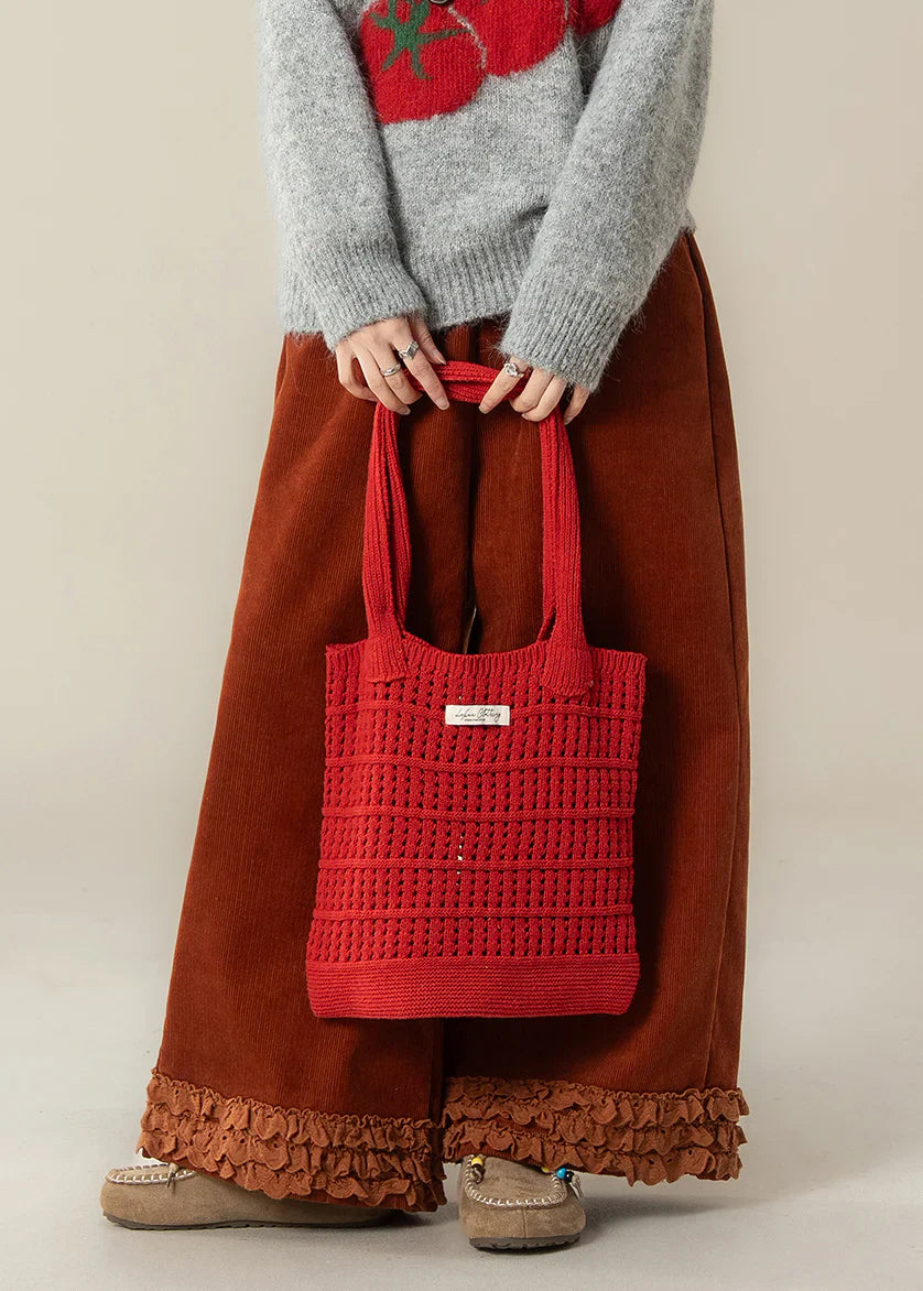 Ruffled Corduroy Straight Pants – Oversized Brick Red Spring Trousers