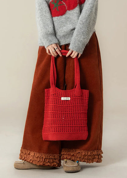 Ruffled Corduroy Straight Pants – Oversized Brick Red Spring Trousers